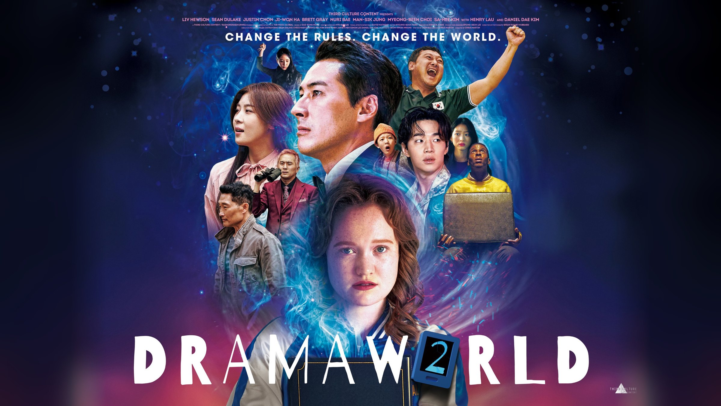 Dramaworld 2 key art: the cast swirling around a young woman holding a book, under the tagline "Change the rules. Change the world."