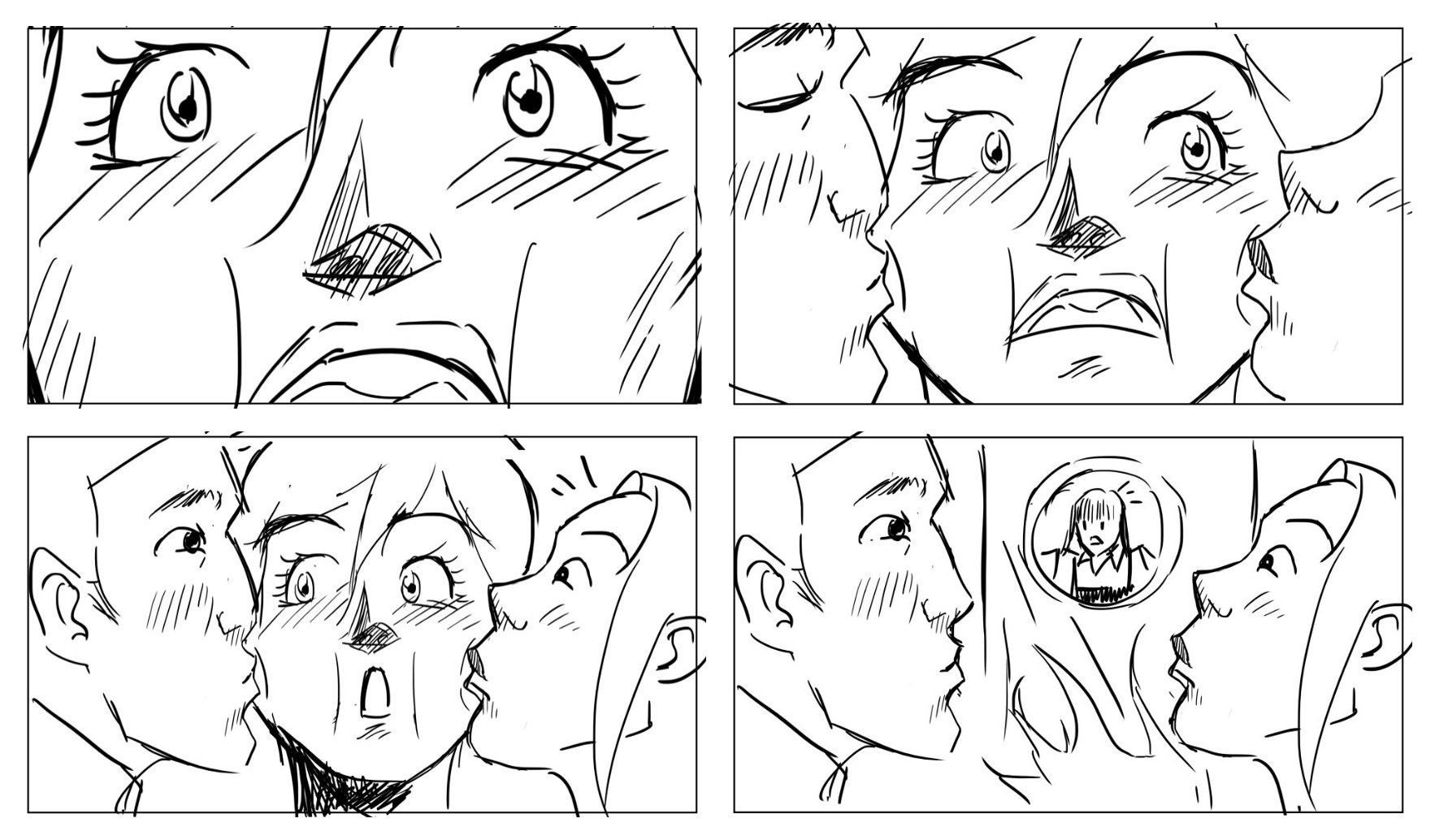 Storyboard panels for the double-kiss gag: Claire, wide-eyed, kissed on both cheeks until the two leads lean in to kiss each other