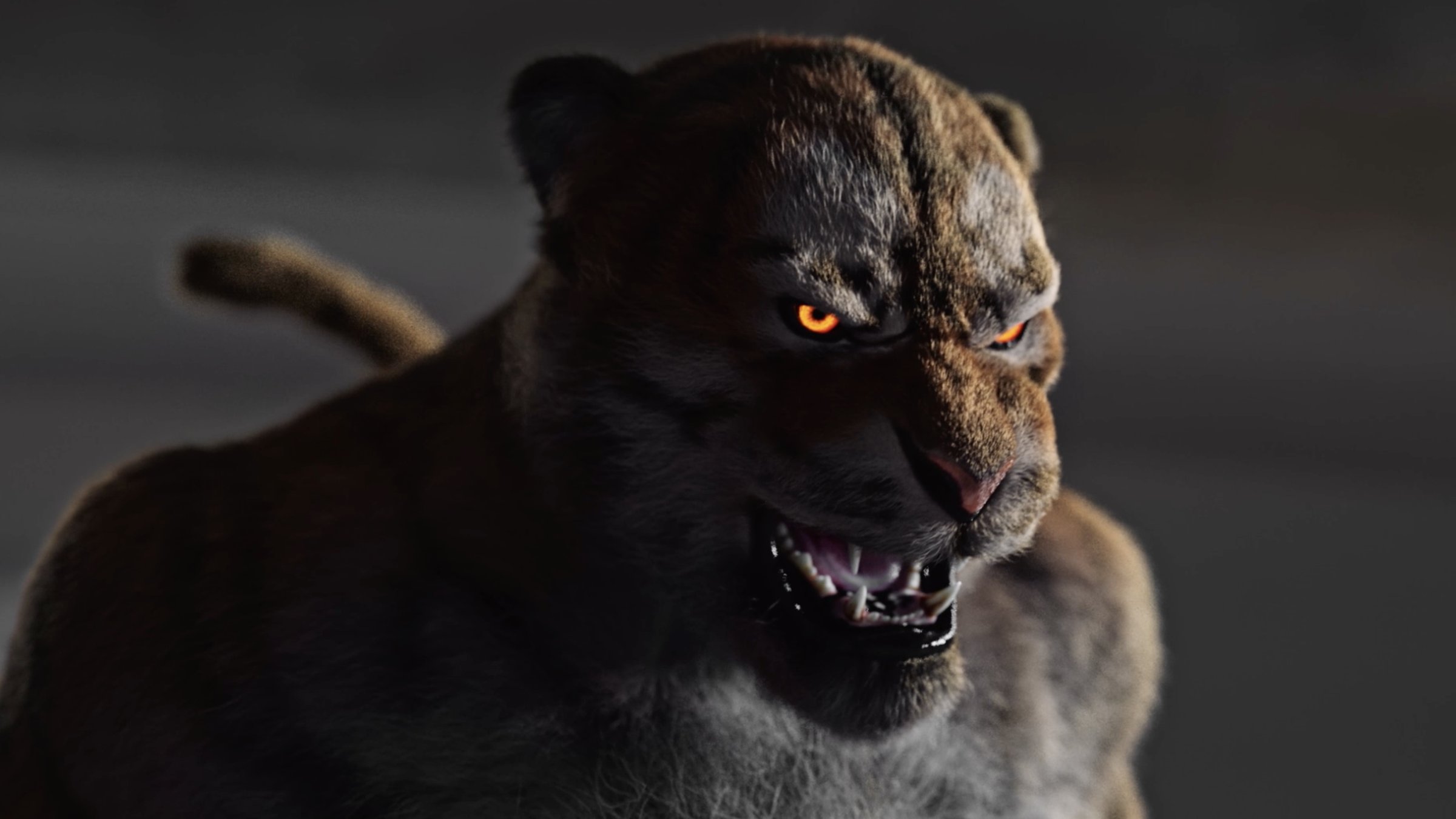 A snarling CG panther with glowing orange eyes